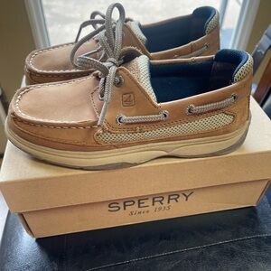 Kids Sperry Tan and Beige Leather Mesh Boat Shoes